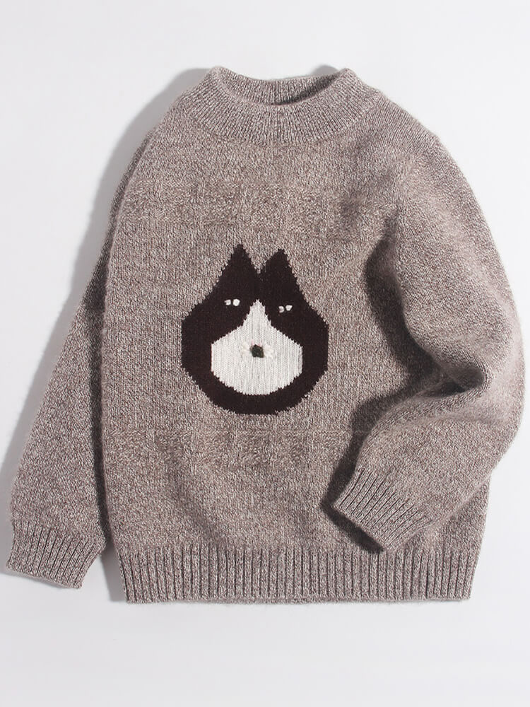 Kids Brown Husky Dog Knit Pattern Cashmere Pullover Sweater